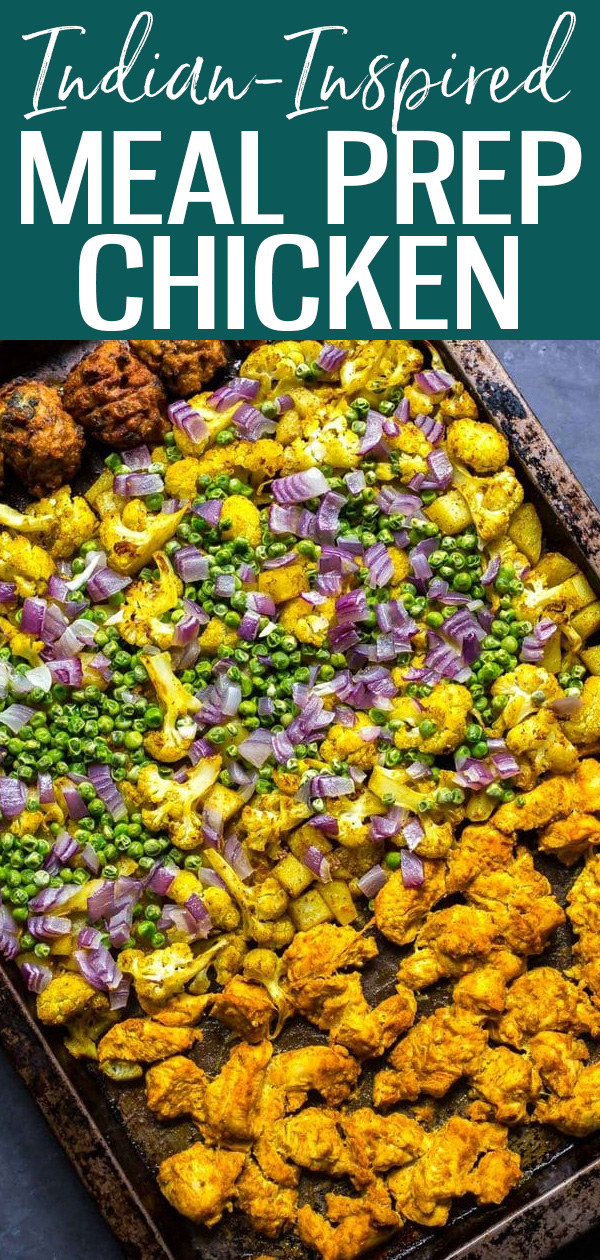 These Indian-Inspired Chicken Meal Prep Bowls are super easy to make and come together on one sheet pan – they’ve even got pakoras! #sheetpan #chickentandoori