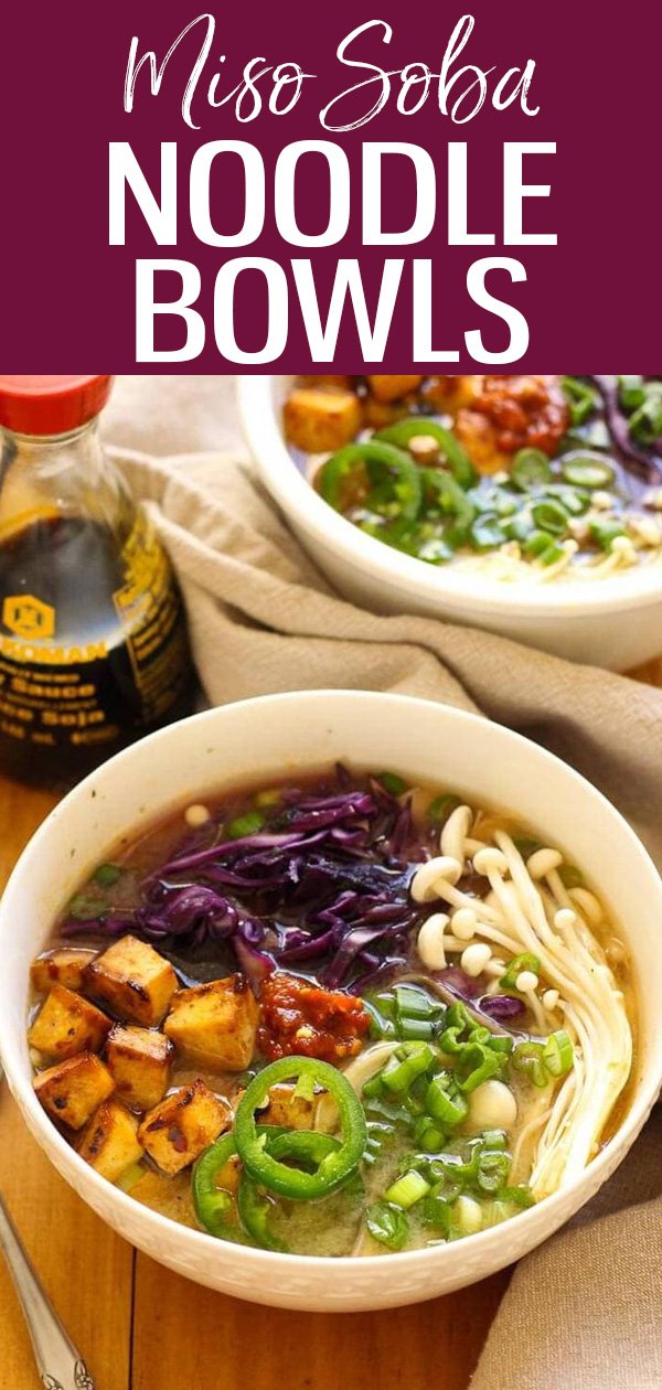 These Miso Soba Noodle Bowls are a quick dinner that lets you use up whatever leftover vegetables you have kicking around in the fridge! #misosoba #noodlebowls