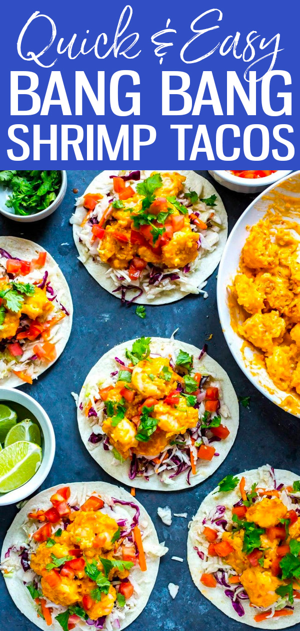 These Bang Bang Shrimp Tacos are a healthier version of the Bonefish Grill favourite – you're gonna have these tacos on repeat, trust me!  #bangbangshrimp #shrimptacos