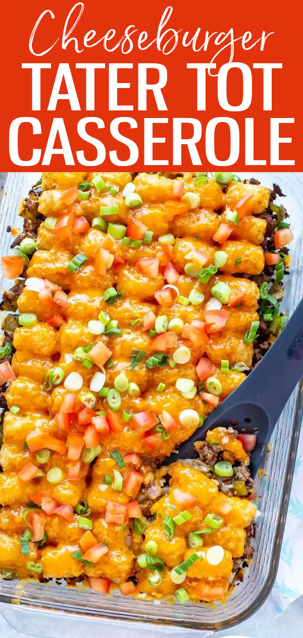 This Cheeseburger Tater Tot Casserole is the perfect family-friendly dish. It's easy, cheesy and full of all the flavours of a burger!   #tatertot #cheeseburgercasserole 