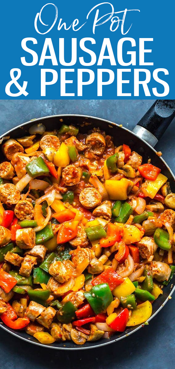 This Sausage Peppers and Onions Skillet is an easy one-pan weeknight dinner made with turkey sausage, bell peppers, onions and pasta sauce. #sausagepeppers #onepan