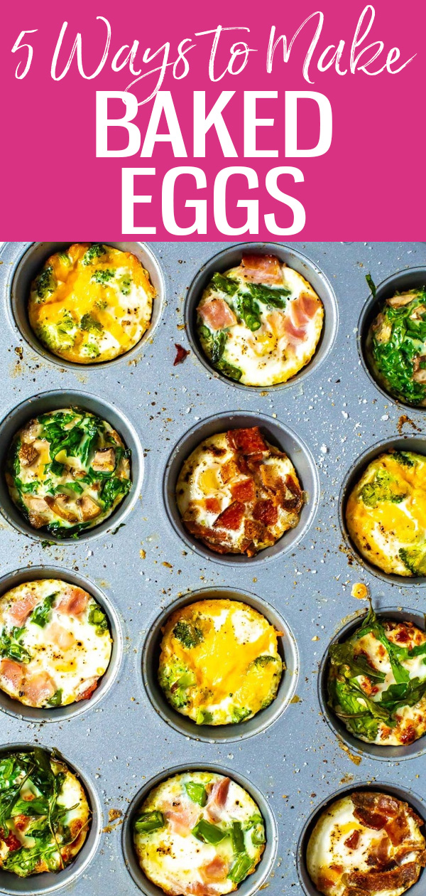 Learn how to make Baked Eggs 5 Ways in the oven! Try different flavours like ham and asparagus, broccoli cheddar and mushroom spinach. #bakedeggs #mealprep
