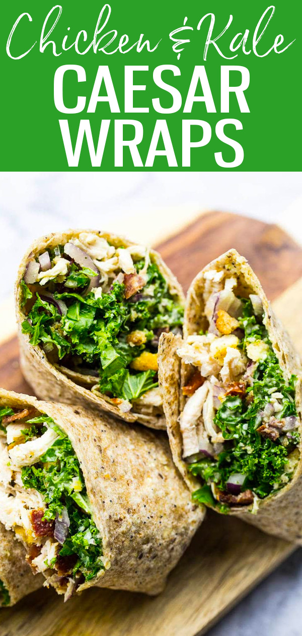 These veggie-filled Kale Chicken Caesar Wraps are the perfect on-the-go lunch, with a Caesar dressing that's lighter on calories. #chickenkale #caeserwraps