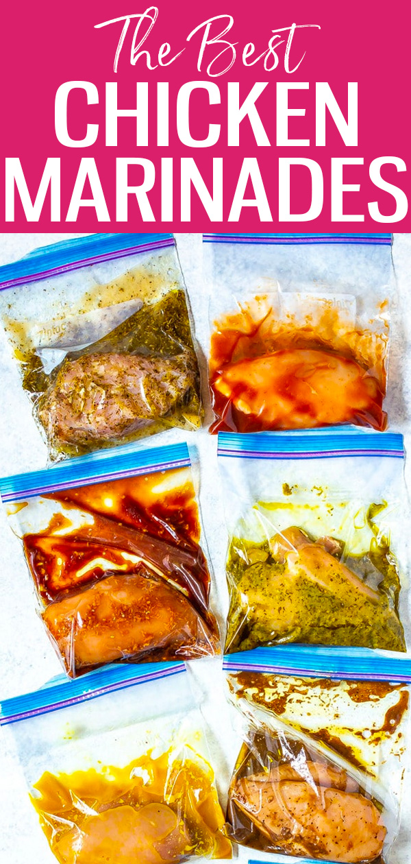 These chicken marinade recipes include everything from teriyaki to honey mustard and fajita. Most have 5 ingredients or less! #chickenmarinades #mealprepchicken