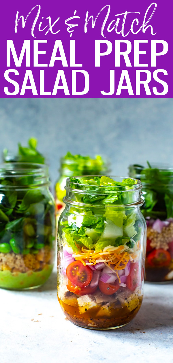 These Mix and Match Mason Jar Salad Recipes make healthy lunches easy – they're great for meal prep and will keep your salad fresh for days! #masonjarsalad #mealprep