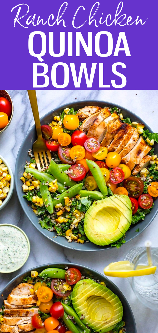 These Chicken Ranch Kale & Quinoa Bowls are super delicious and gluten-free with an easy-peasy and low-calorie homemade ranch dressing. #ranchchicken #quinoabowl