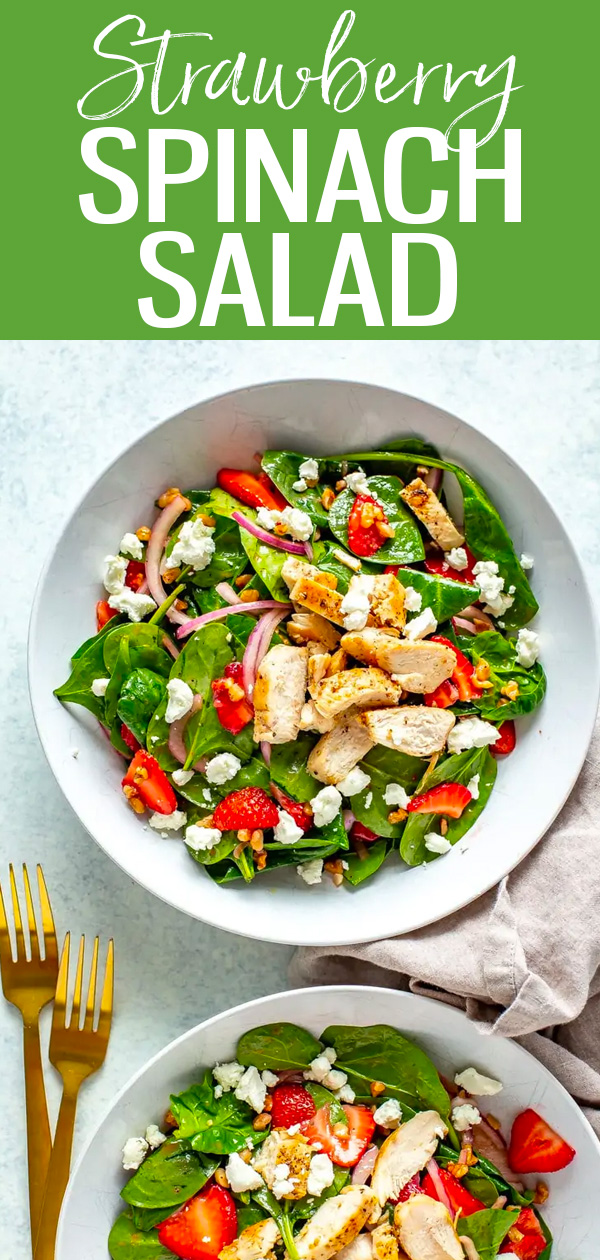 This Strawberry Spinach Salad With Chicken is a super easy protein-packed meal complete with fresh strawberries and a 4-ingredient dressing. #strawberry #spinachsalad