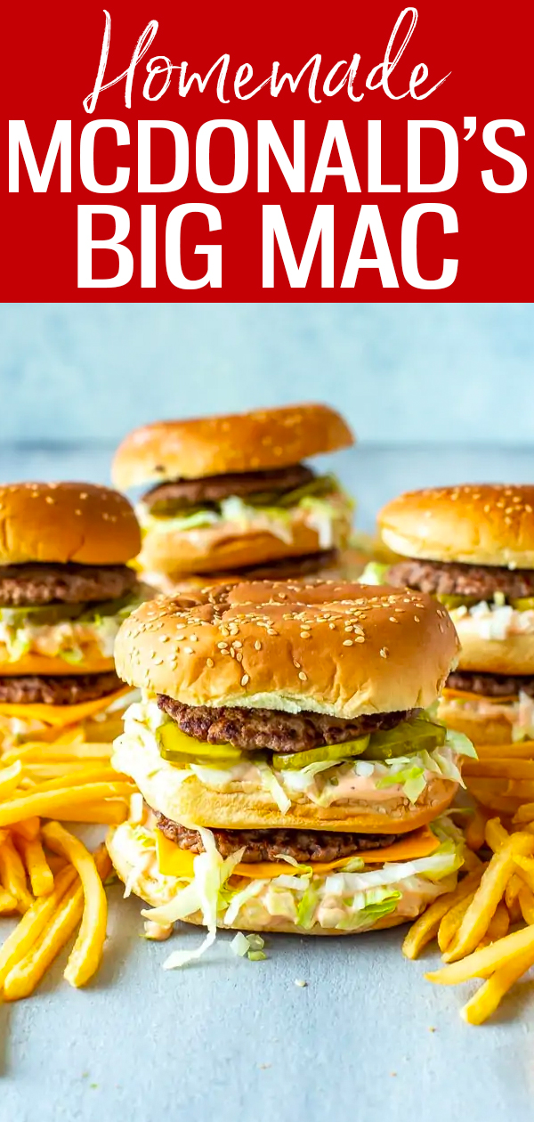 This McDonald's-style Big Mac recipe comes complete with sesame seed buns, juicy hamburger patties, cheese slices, pickles and Big Mac sauce! #mcdonaldscopycat #bigmac