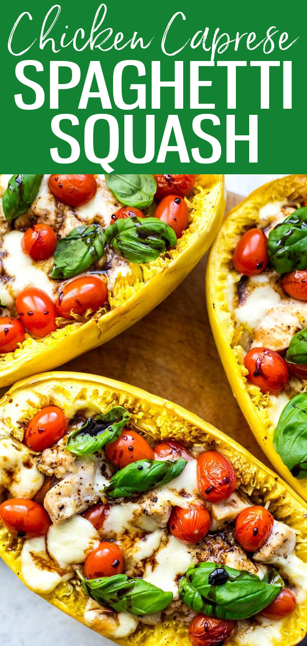 These Chicken Caprese Spaghetti Squash Boats are a low carb dinner idea that's bursting with flavour and topped off with a balsamic glaze! #spaghettisquash #chickencaprese