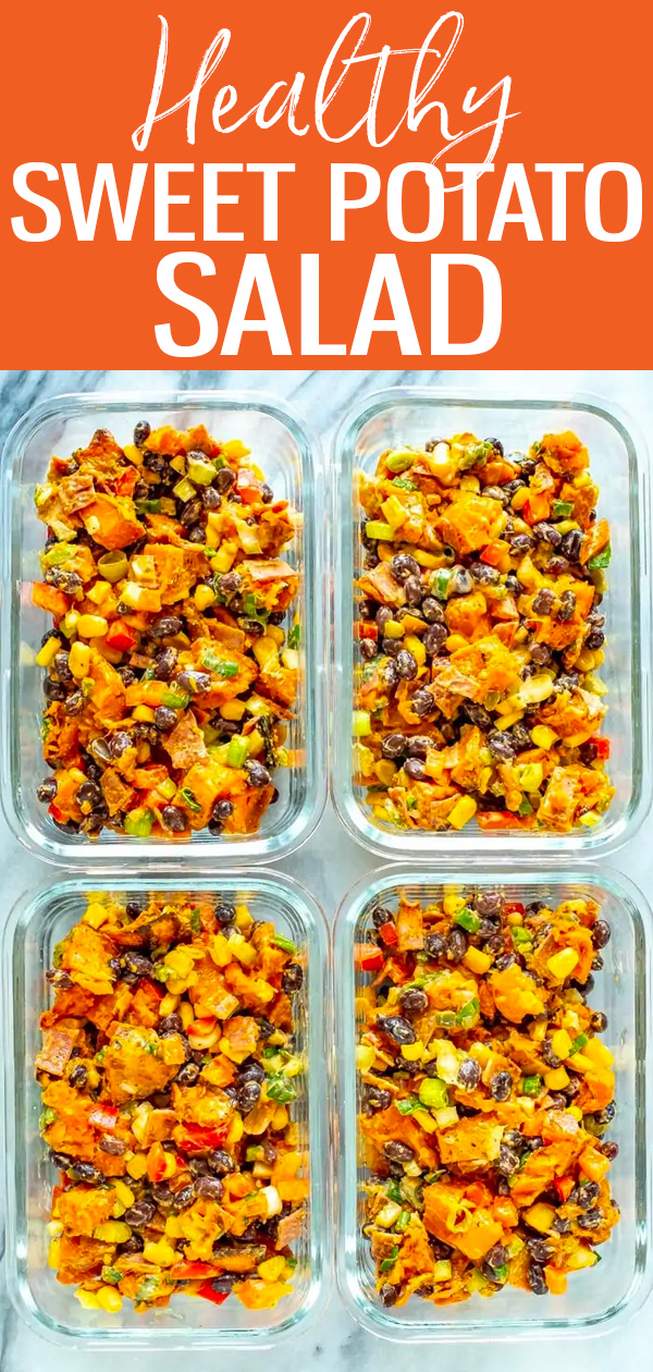 This Healthy Sweet Potato Salad is the perfect summer dish to make ahead and bring to a potluck or picnic – it even has bacon in it! #sweetpotatosalad #healthysalad
