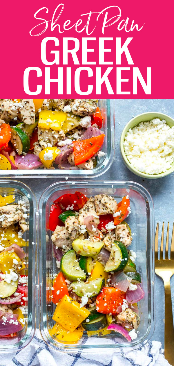 These Sheet Pan Greek Chicken Meal Prep Bowls are a low carb lunch idea with a lemon-oregano marinade, and they're ready in 30 minutes! #sheetpan #greekchicken