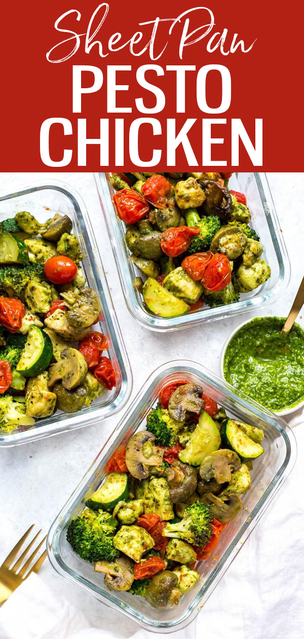 These Sheet Pan Pesto Chicken Meal Prep Bowls are a delicious low carb lunch idea that comes together in 30 minutes! #sheetpan #pestochicken