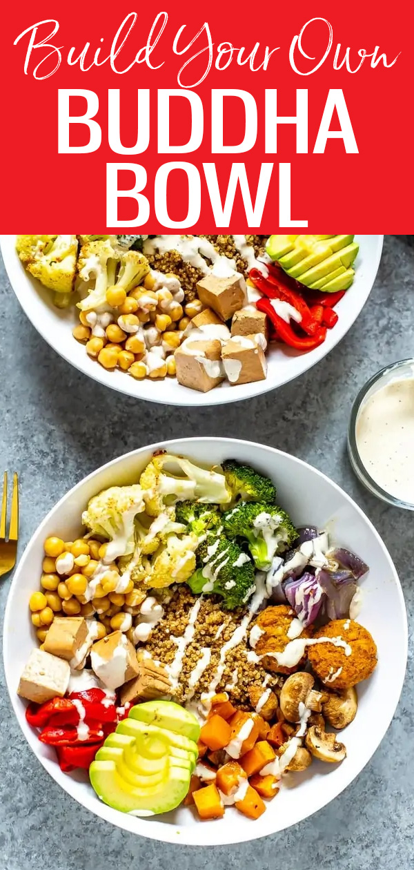 Build Your Own Buddha Bowl with delicious fresh veggies that are roasted on a sheet pan. You'll love the homemade tahini dressing! #vegetarianrecipes #buddhabowls
