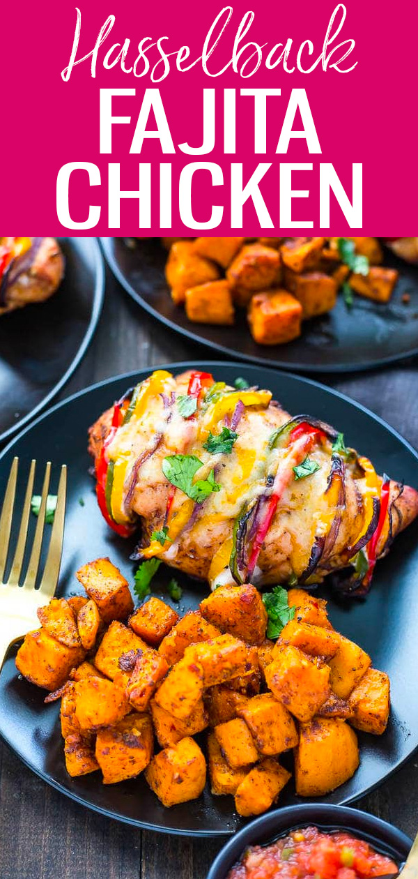 This Hasselback Fajita Stuffed Chicken recipe is filled with bell peppers, taco seasoning and Tex Mex cheese – it’s a healthy dinner idea! #fajitachicken #hasselbackchicken