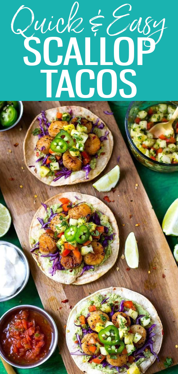 These Seared Scallop Tacos with Pineapple Salsa are served on corn tortillas with pickled red onions and a delicious cabbage slaw. #scalloptacos #pineapplesalsa