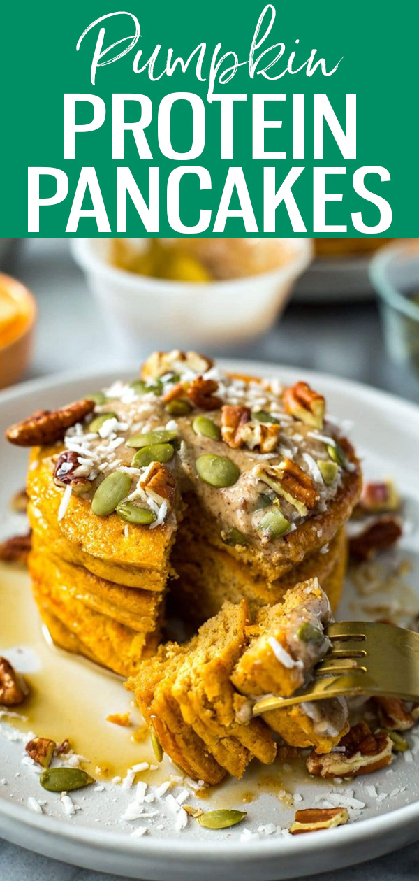 These 5-Ingredient Pumpkin Protein Pancakes are a healthy and delicious breakfast idea that can be frozen and reheated in the toaster. #pumpkinpancakes #proteinpancakes