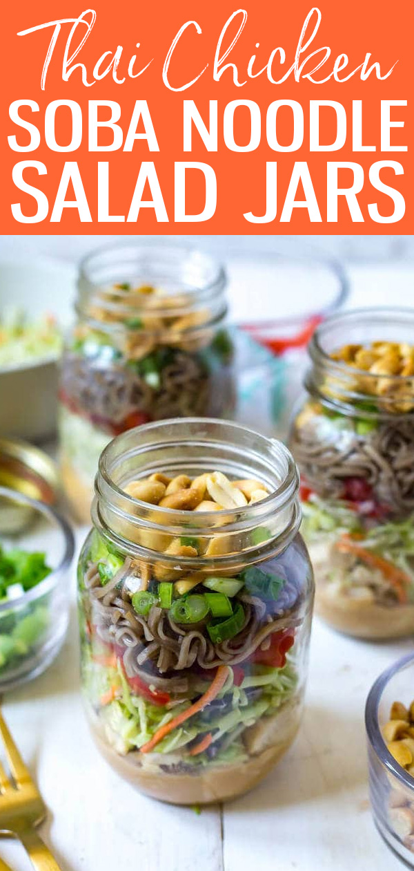 These Thai Chicken Soba Noodle Salad Jars are a delicious summer meal prep idea and a fun twist on a cold noodle salad. #thaichicken #sobanoodles #saladjars