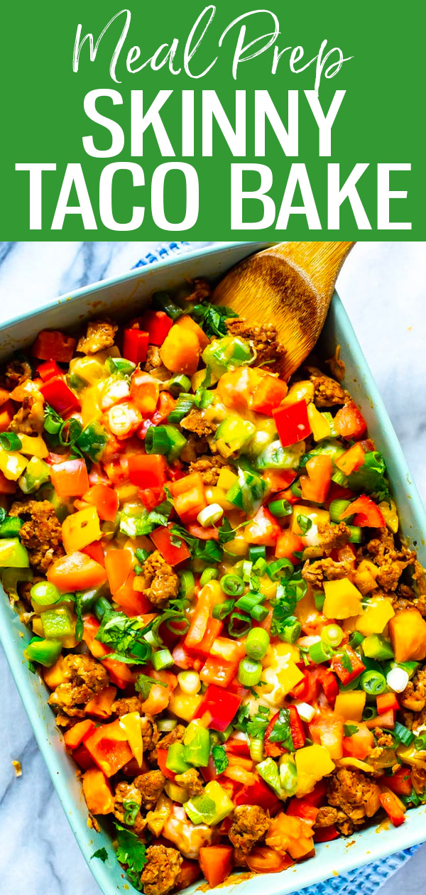This Meal Prep Skinny Taco Bake is a delicious and healthier take on a taco dinner filled with ground turkey, sweet potatoes and bell peppers. #mealprep #tacobake
