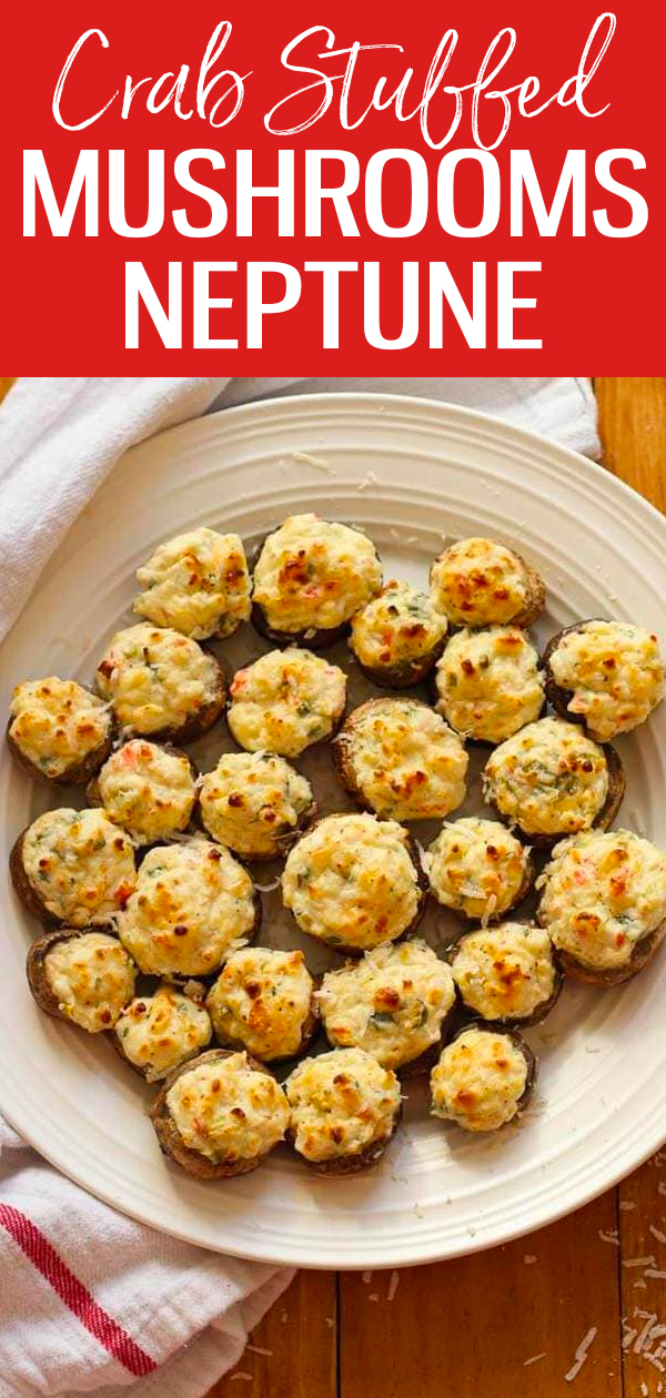 Inspired by The Keg's famous appetizer, this copycat Mushrooms Neptune recipe has a creamy crab and shrimp filling that's to die for! #thekeg #stuffedmushrooms #crab