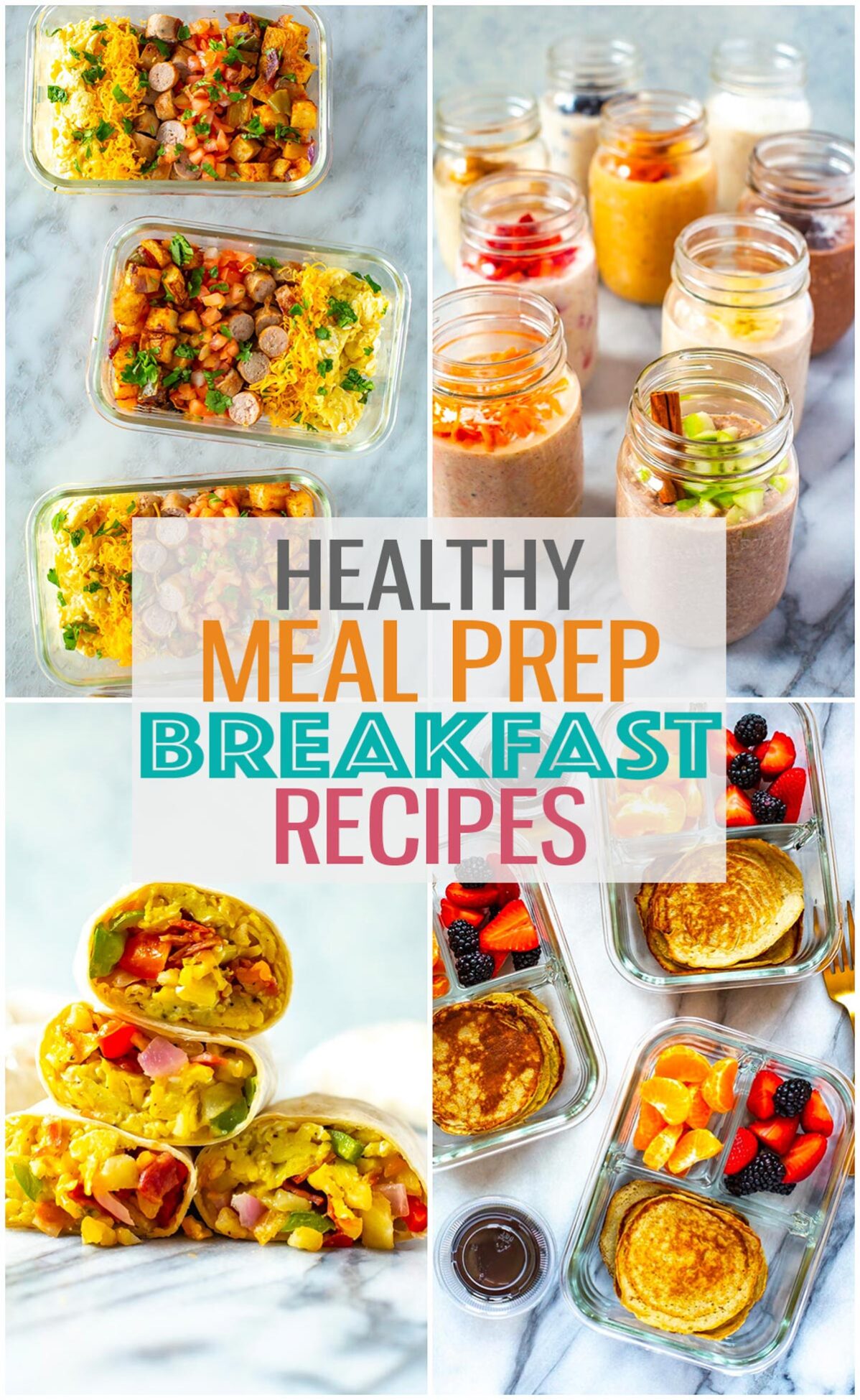 A collage of four different breakfast recipes with the text "Healthy Meal Prep Breakfast Recipes" layered over top.