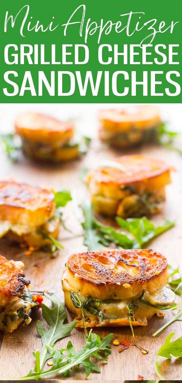 These Mini Grilled Cheese Sandwich Appetizers are made with aged cheddar and sliced baguette – they’re as cute as they are delicious! #grilledcheese #appetizer