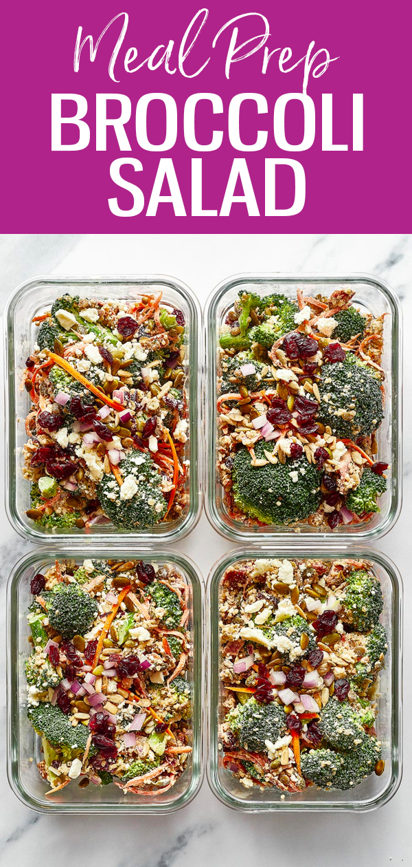 This High Protein Broccoli Salad is perfect for meal prep -it’s so filling with lentils, bacon and quinoa in a creamy dressing! #broccolisalad #mealprep