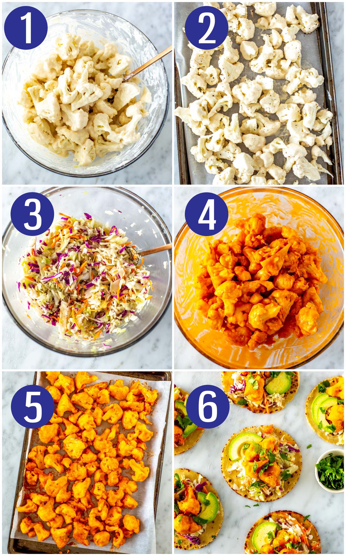 Step by step instructions collage for buffalo cauliflower tacos: coat cauliflower in water flour mixture, bake, make coleslaw, coat baked cauliflower in buffalo sauce, bake again, serve in tacos.