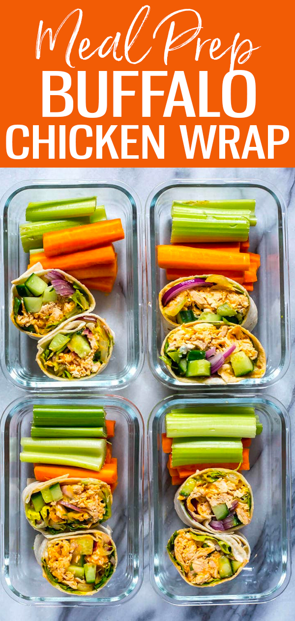 These Meal Prep Buffalo Chicken Wraps are a delicious and easy lunch idea – pack them bento box style for your work week or school lunches! #mealprep #buffalochicken