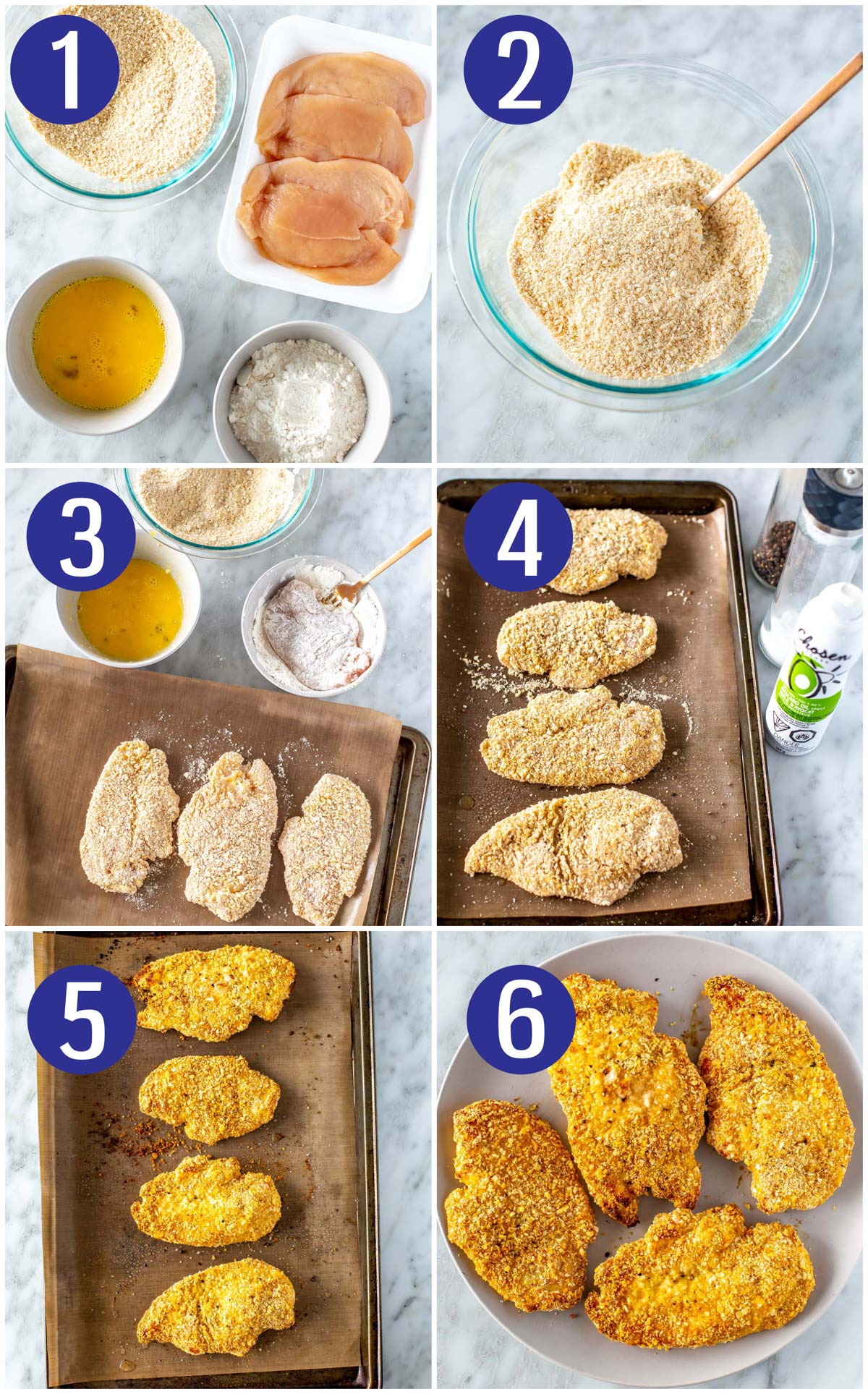 Step by step instructions collage for making chicken cutlets: Assemble ingredients, make breading, coat chicken cutlets in breading, spray cooking oil and season with salt and pepper, bake and serve.