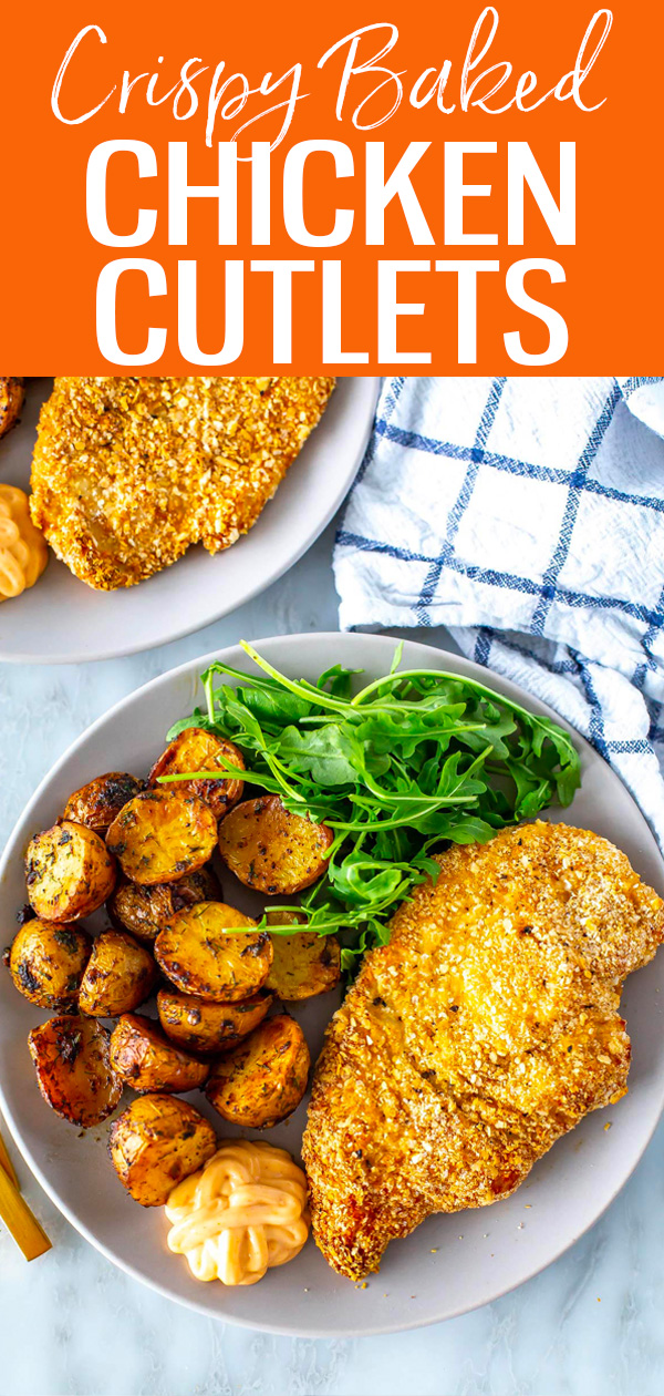 These Chicken Cutlets are SO good - plus, they're made on a sheet pan for easy cleanup. Serve them with lemon dill potatoes for a tasty meal! #chickencutlets #breadedchicken