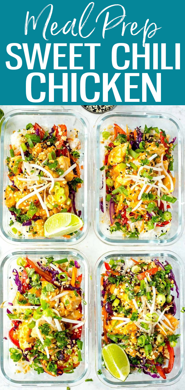 These Sweet Chili Chicken Meal Prep Bowls are a delicious make-ahead lunch idea. Serve with jasmine rice and your choice of toppings! #mealprep #sweetchilichicken