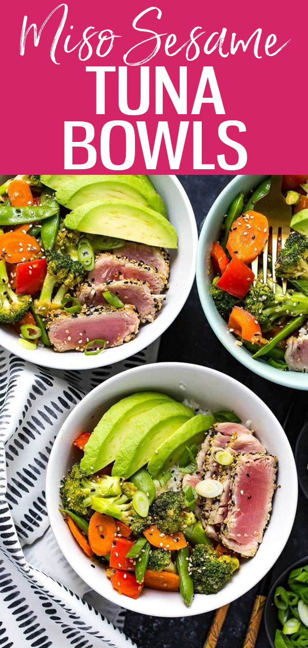 These Miso Sesame Tuna Rice Bowls are filled with seared ahi tuna, stir fried veggies and a savoury miso sauce topped with fresh avocado! #sesametuna #ricebowls