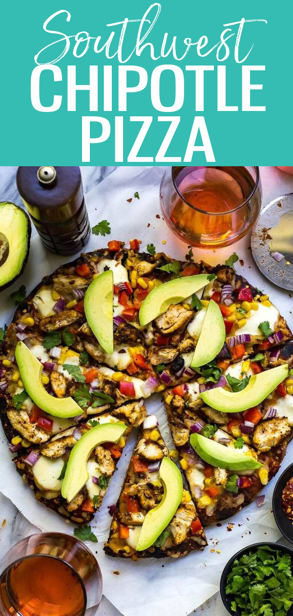 This Grilled Southwest Chipotle Pizza is a delicious summer meal made on the grill, topped with fresh veggies and a smoky chipotle sauce! #southwestpizza #grilledpizza