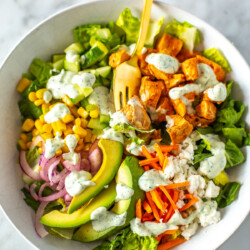 A close-up of a bowl of buffalo chicken salad with ranch dressing drizzled over top.