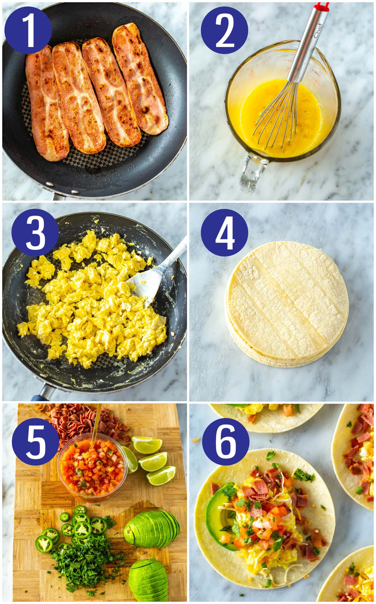 Step-by-step instructions for making breakfast tacos: cook bacon, mix eggs, scramble eggs, warm tortillas, prepare toppings, and assemble tacos.