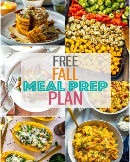 A collage of five different fall meals with the text "Free Fall Meal Prep Plan" layered over top.