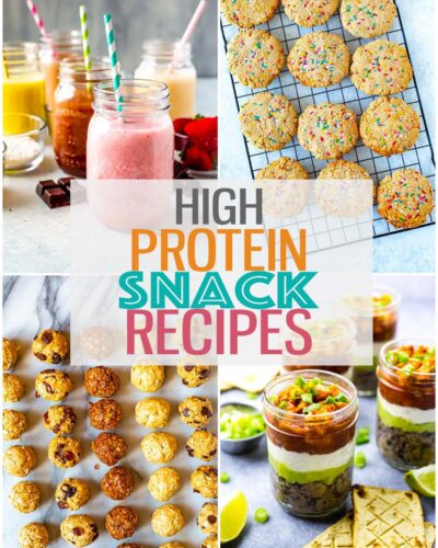 A collage featuring 4 different high protein snacks with the text "High Protein Snack Recipes" layered over top.