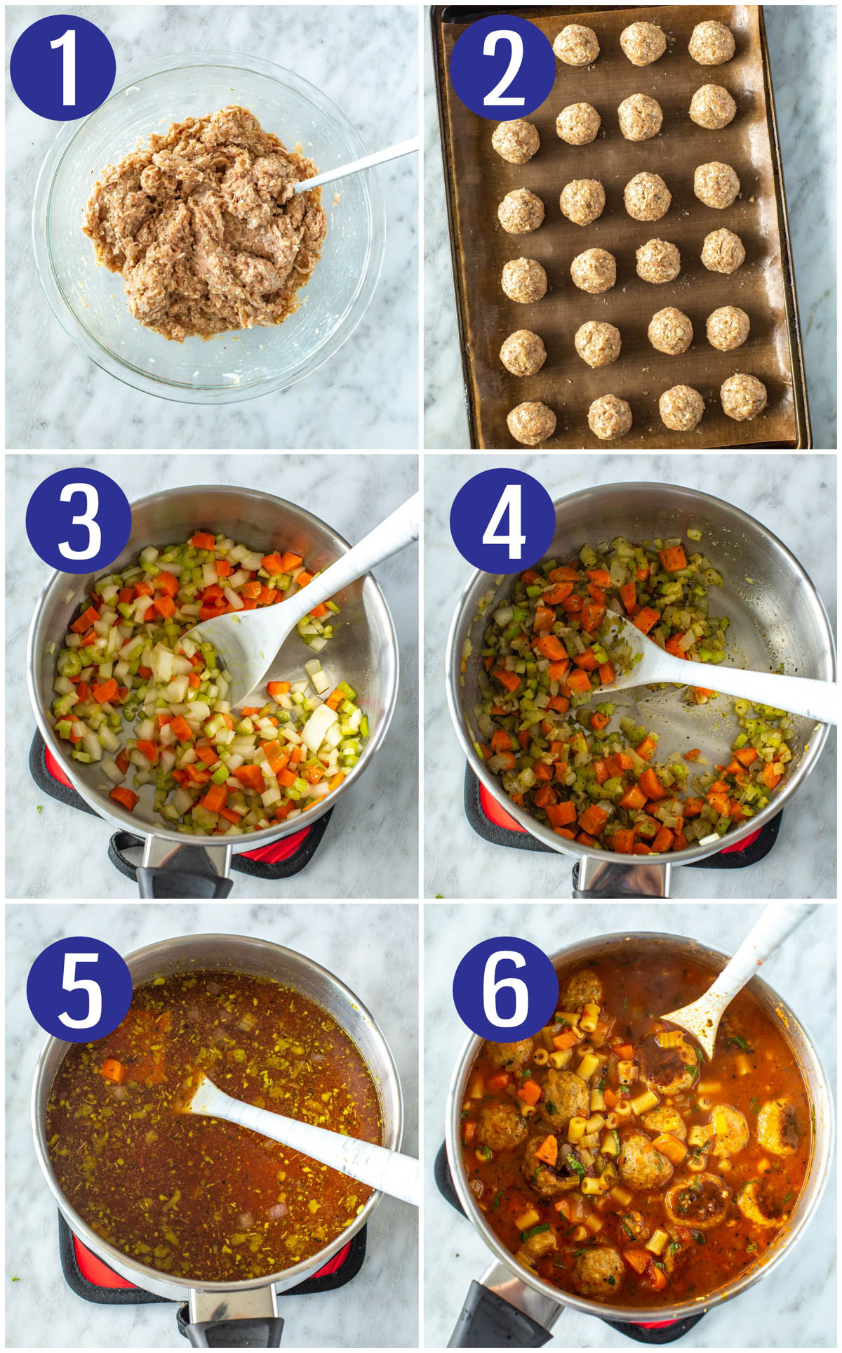 Step-by-step instructions collage for Italian turkey meatball soup: Mix meatball mixture, roll/cook meatballs, cook vegetables, add garlic and seasoning, add diced tomatoes, chicken broth, parmesan rind and pasta, add in cooked meatballs.