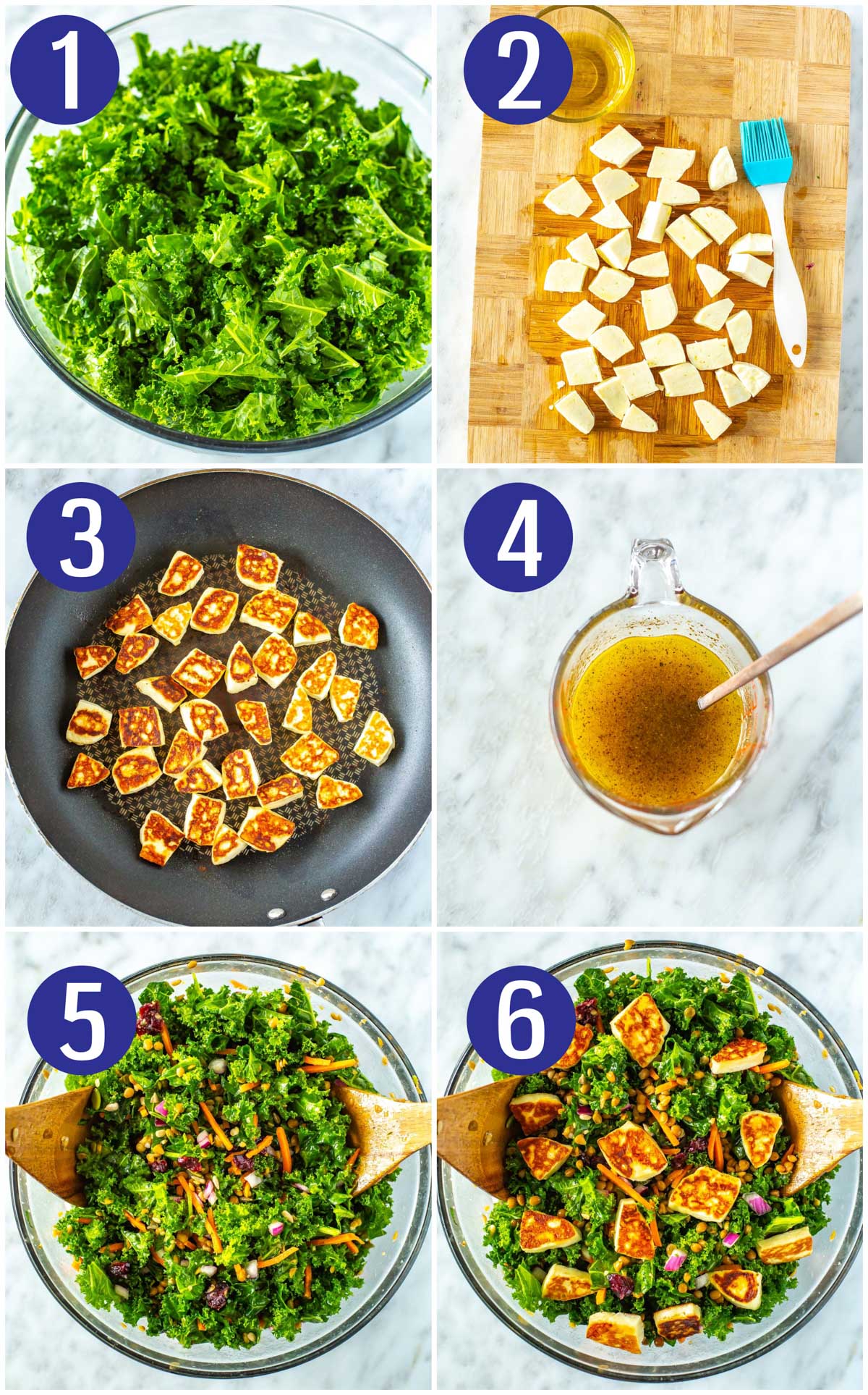 Step-by-step collage for making kale salad: wash, dry and massage kale, brush halloumi with olive oil, cook halloumi, make dressing, mix salad, top with cooked halloumi.