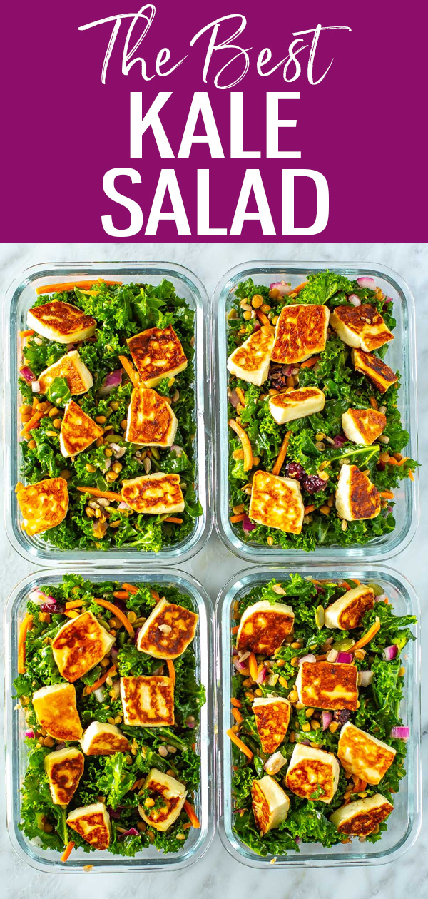 This Kale Salad is the best meal prep lunch! It's got protein with lentils and halloumi cheese, lots of veggies and a tasty dressing. #kalesalad #mealprep