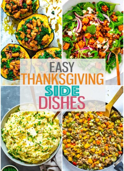 A collage of four different Thanksgiving side dishes with the text "Easy Thanksgiving Side Dishes" layered over top.
