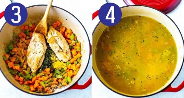 Steps 3 and 4 for making healing chicken soup