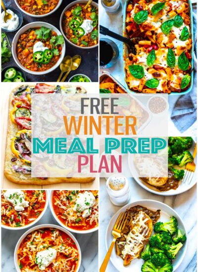 A collage of five different winter recipes with the text "Winter Meal Prep Plan" layered over top.