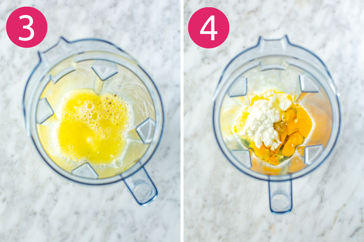 Steps 3 and 4 for making Starbucks egg bites: blend eggs/egg whites with cottage cheese.
