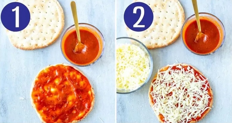 Steps 1 and 2 for making pita pizza