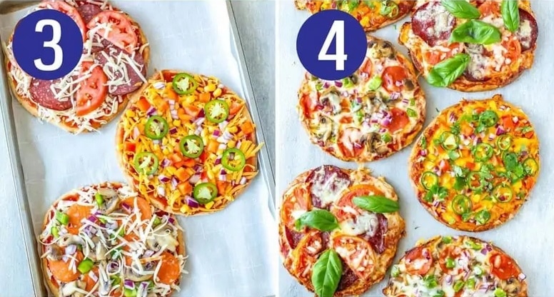 Steps 3 and 4 for making pita pizza