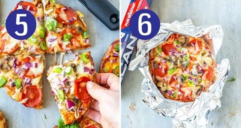 Steps 5 and 6 for making pita pizza