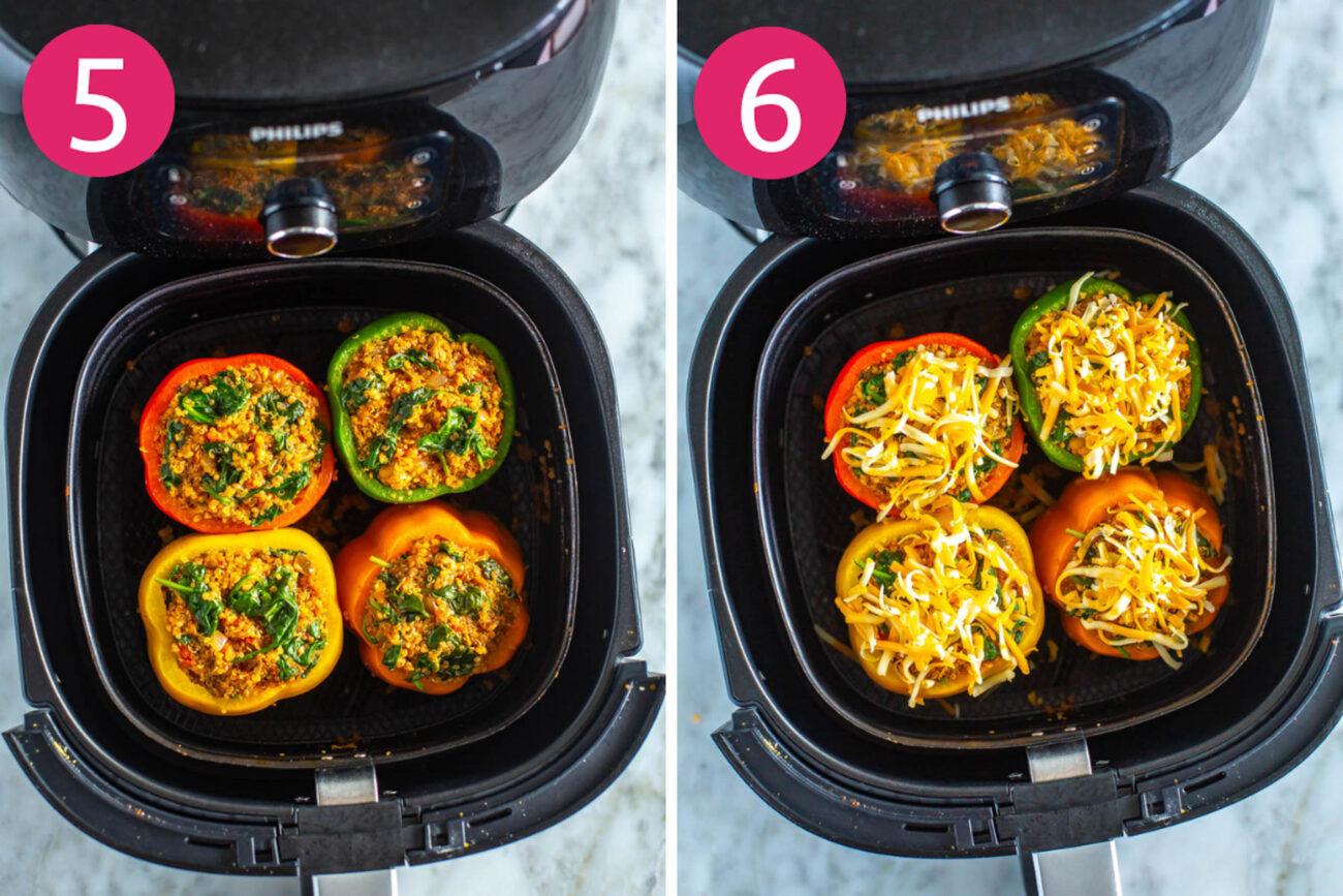 Steps 5 and 6 for making air fryer stuffed peppers: Add filling to peppers then top with cheese and cook.