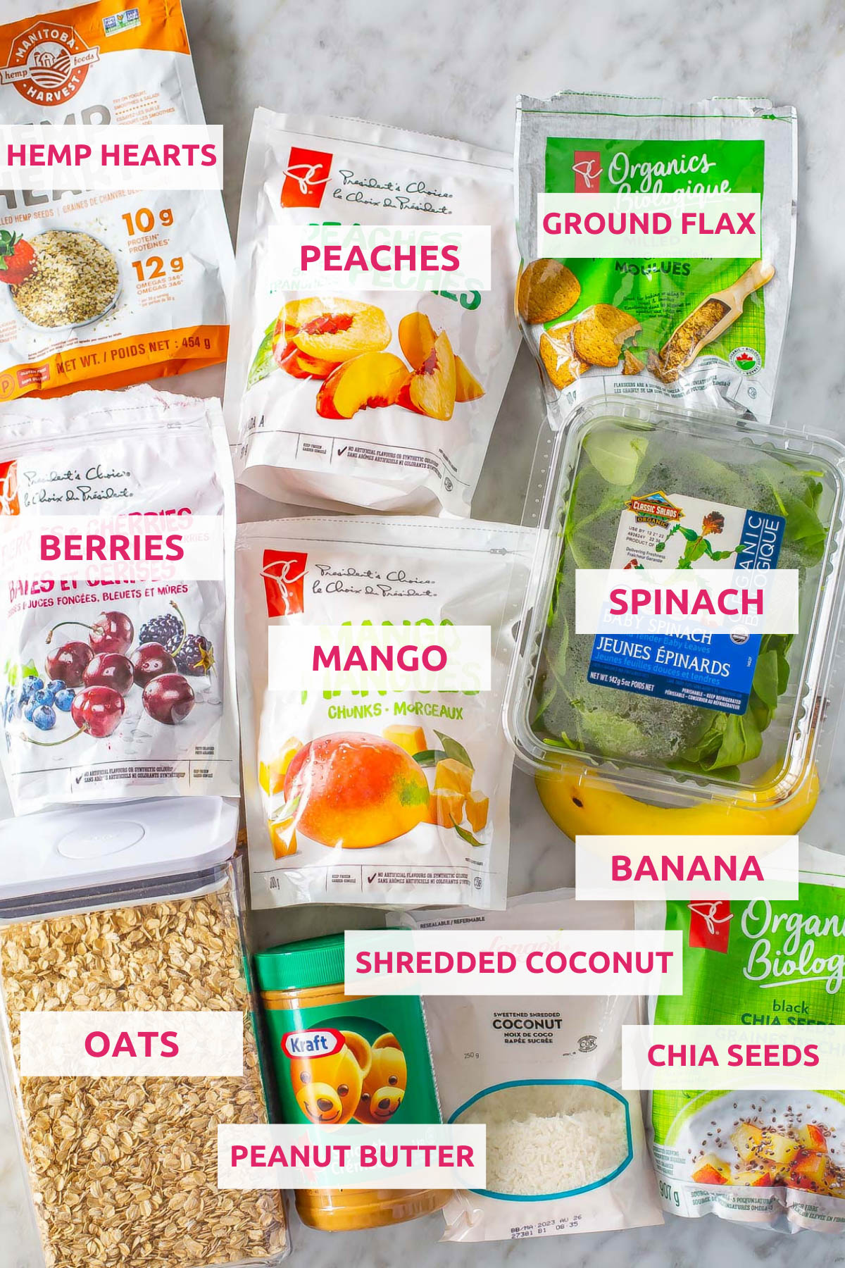 Ingredients for meal prep smoothie packs: hemp hearts, peaches, ground flax, berries, mango, spinach, oats, peanut butter, shredded coconut, banana, and chia seeds.