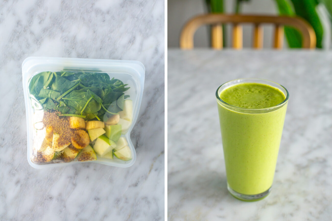 A collage of a mean green smoothie pack with the smoothie blended up in a glass.